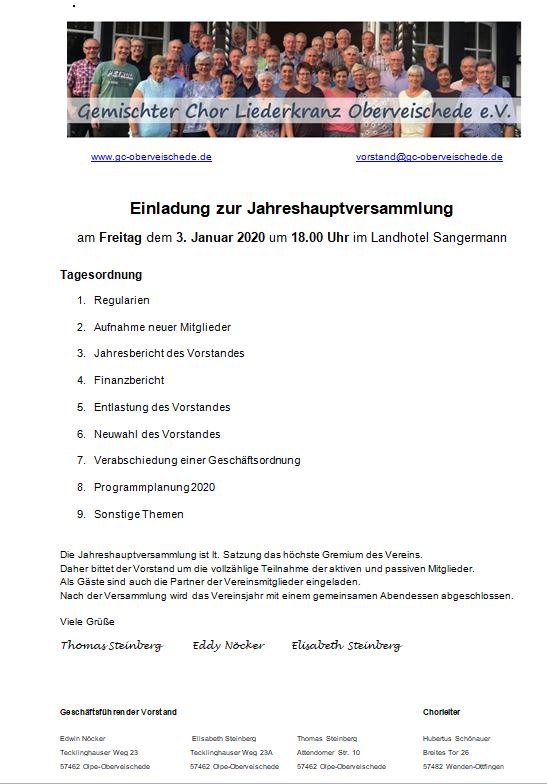 Einladung zur JHV 2020